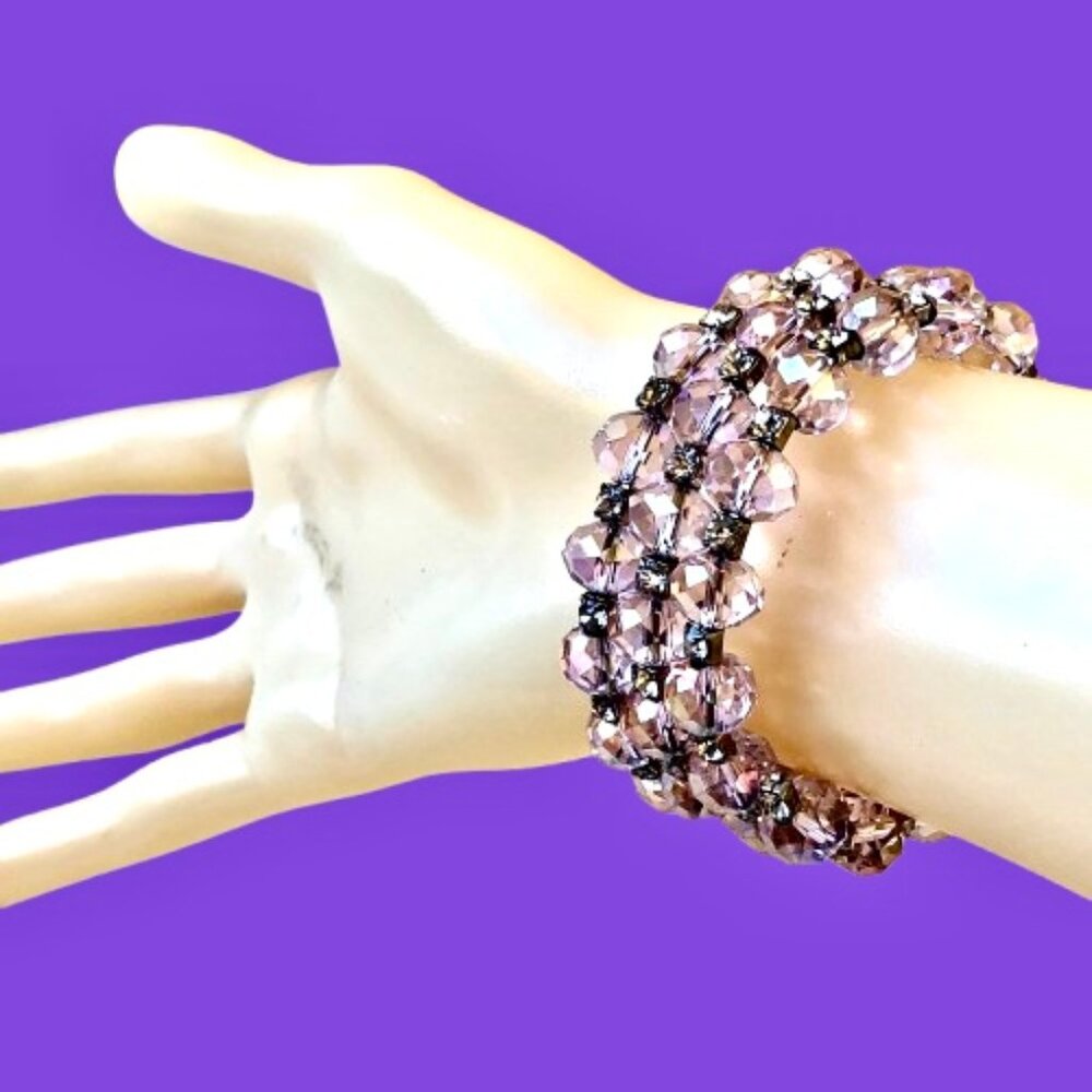 Vintage 1950s Pink Aurora Borealis Crystal Memory Wire Wrap Cuff Bracelet